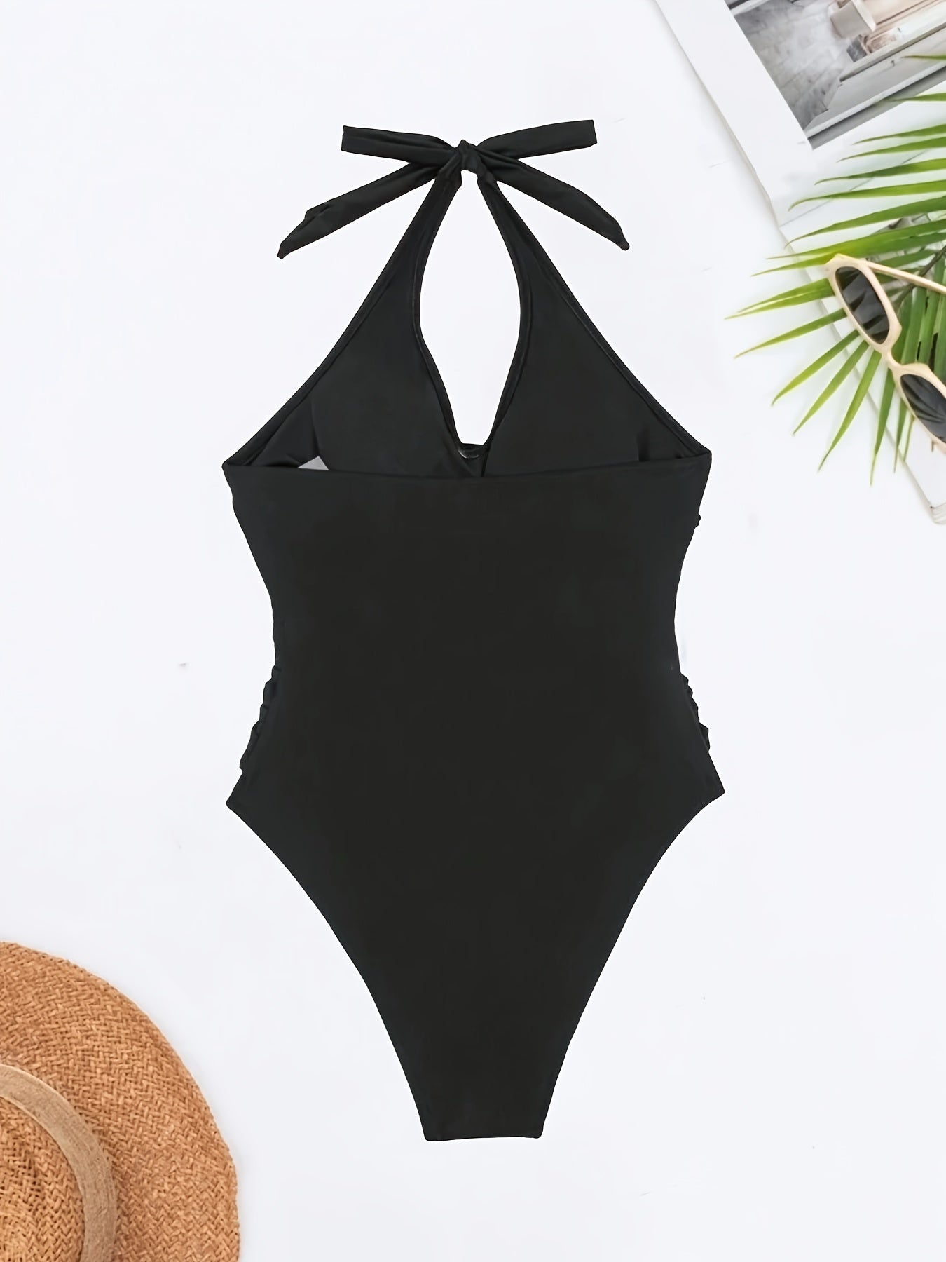 Einteiliger Neckholder Badeanzug – Sommer, Dehnbar, Figurbetont, Kreuzgitter-Detail, Herausnehmbare