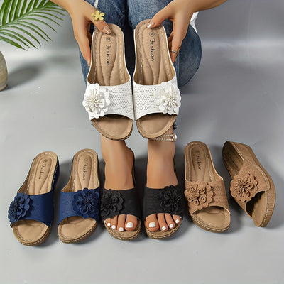 Keilabsatz Sandalen Bequeme Slip-On Schuhe mit Blumen-Deko