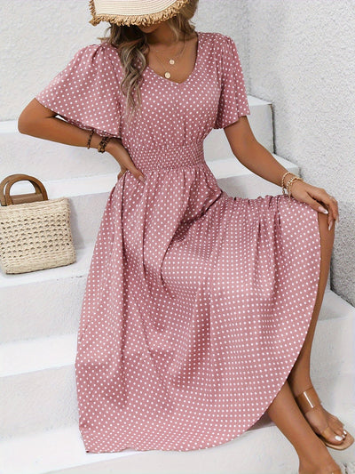Polka Dot Sommerkleid Damen – Luftiges V-Ausschnitt Midi-Kleid