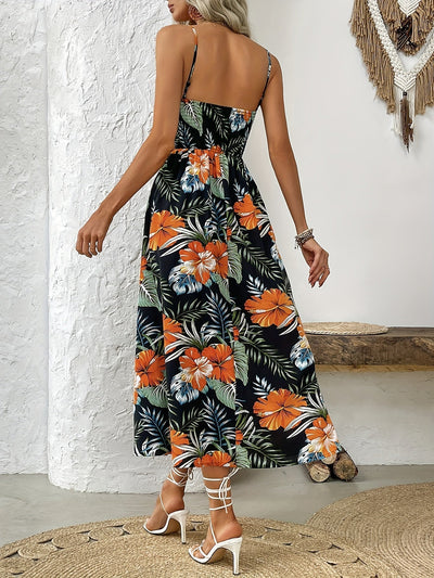 Maxikleid Elegantes Trägerkleid mit Print & Schlitz Langes Urlaubskleid Schwarz
