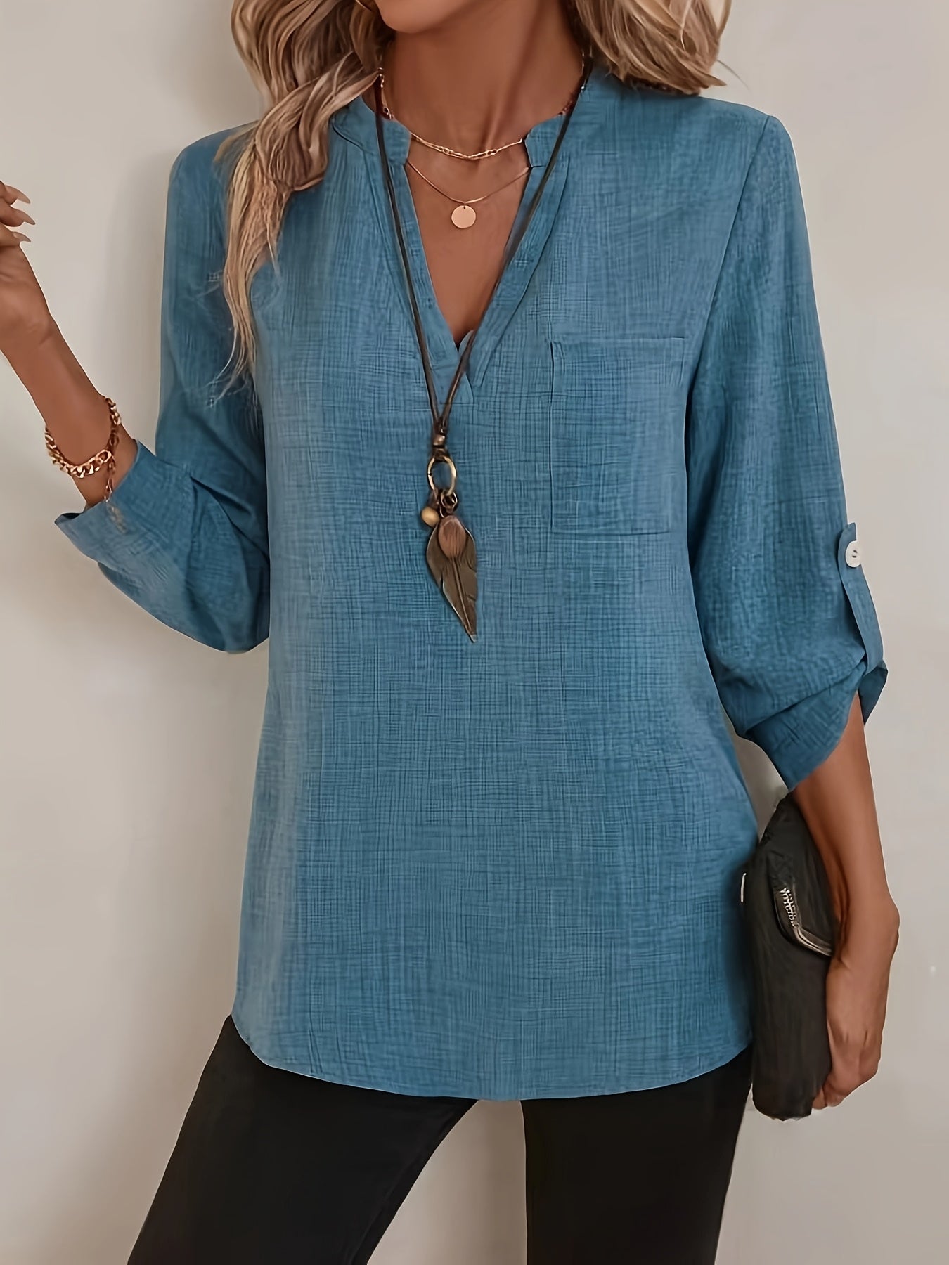 Langarm V-Ausschnitt Hemd, Casual Notch-Kragen Oberteil aus Polyester