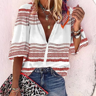 Sabrina - Mehrfarbige abstrakte Bluse mit Knopfleiste