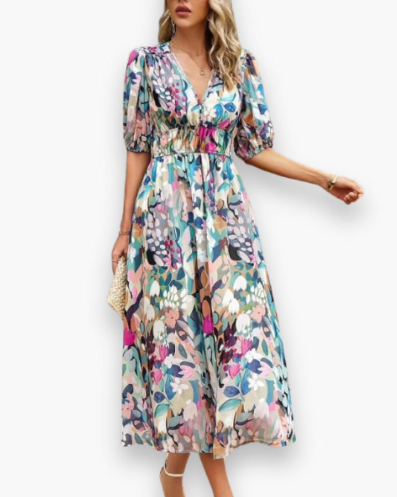 Damen Elegantes Blumenmuster Kleid | Midi Sommerkleider