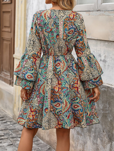 Paisley Kleid Damen – V-Ausschnitt A-Linie Sommerkleid mit Lagenärmeln
