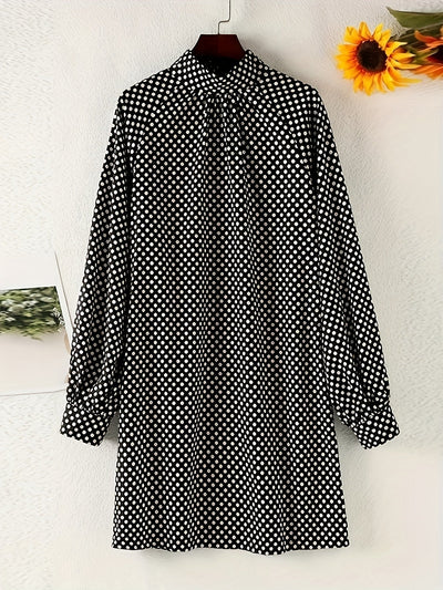 Polka Tupfen Kleid Elegantes Langarm Mini Kleid mit Stehkragen