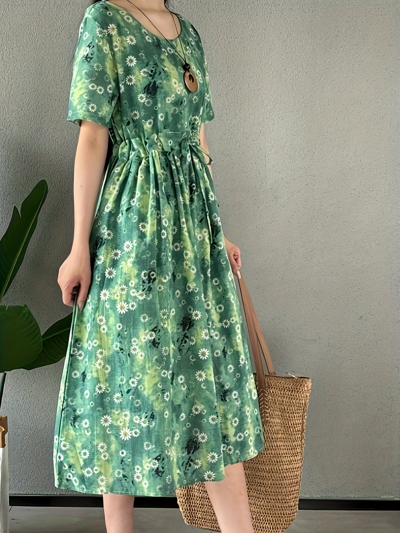 Damen-Leinenkleid – Blumendruck, Rundhals, Taschen & Bequemes Sommerkleid für Alltag