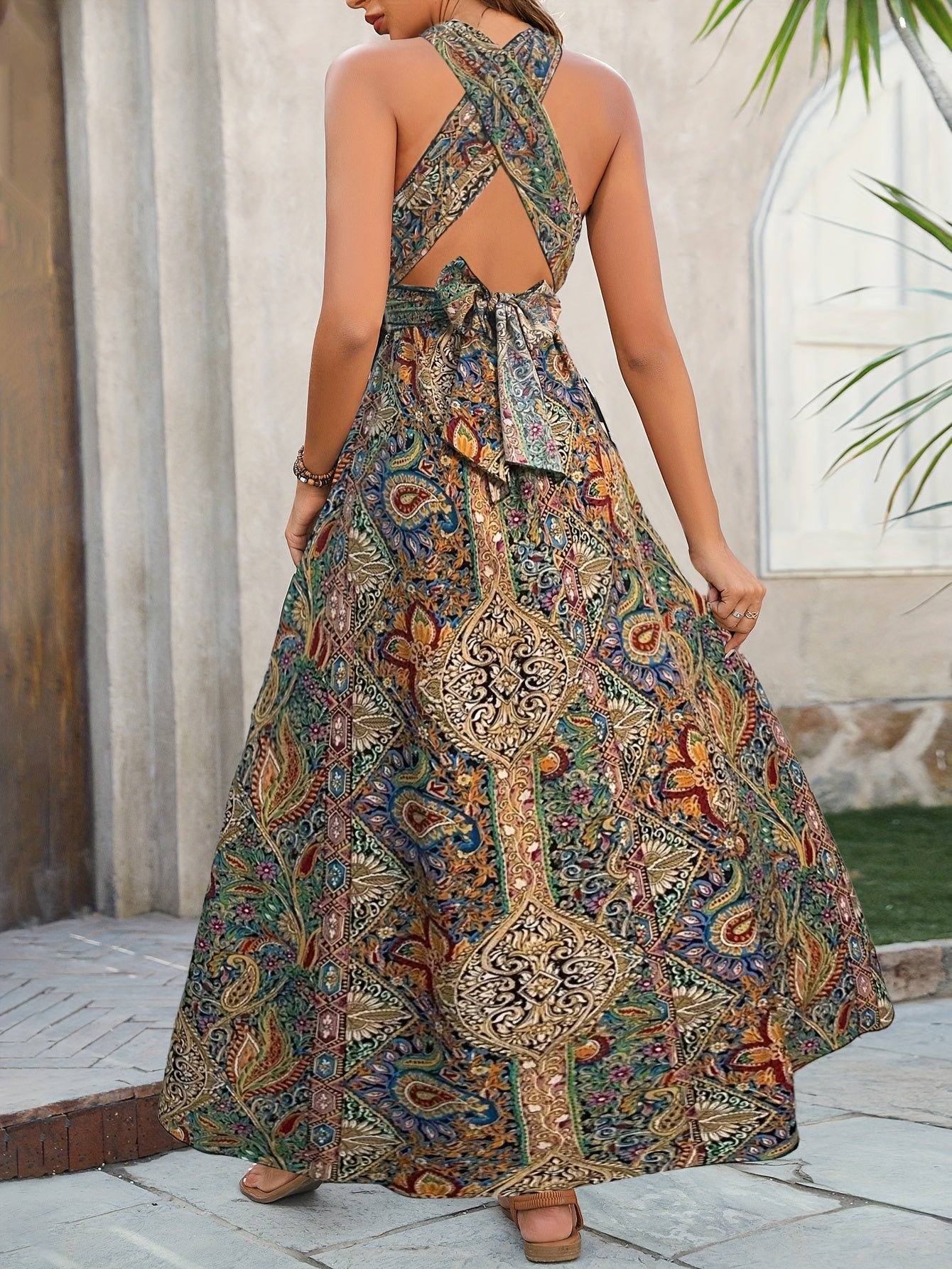 Paisley Druck Sommerkleid Rückenfreies Halterneck mit Beinschlitz