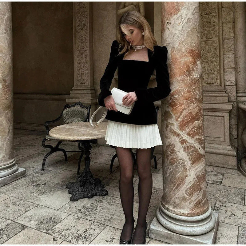 Vanessa – Farbblock Plissiertes Samtkleid mit Langarm