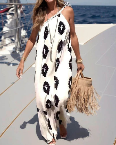 Langes Ein-Schulter-Musterkleid – Ethno-Chic-Stil