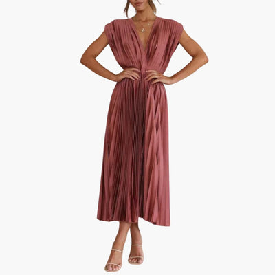 V-Ausschnitt Midi Abendkleid für Frauen - Elegante Faltenoptik