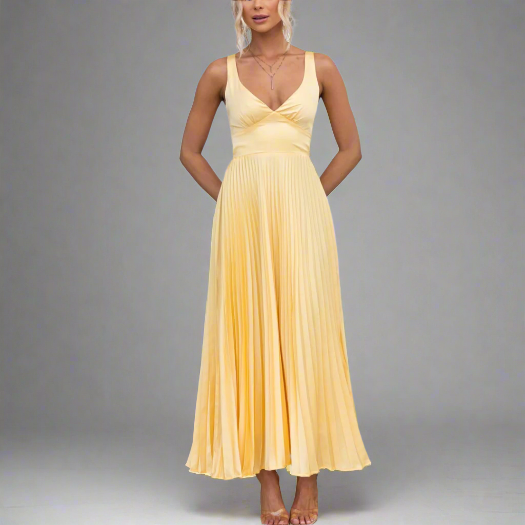 Leudgard | Premium Gelbes Faltendes V-Ausschnitt Maxikleid