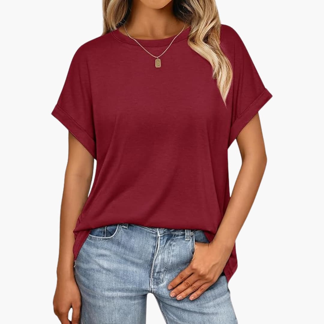 Damen Oversize T-Shirt mit Rundhals und Umschlagärmeln