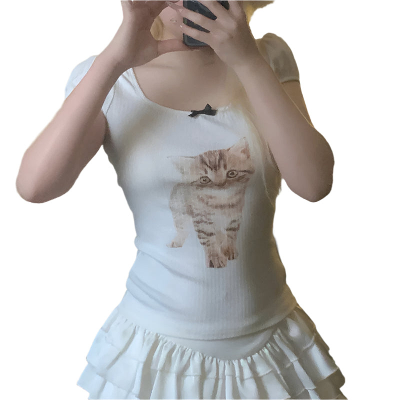 PuffMeow Puffärmel Katzenprint Top mit Schleifendetail