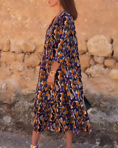 VIOLETTA | Langes V-Ausschnitt Kleid mit Retro-Muster und Elegantem Komfort für jeden Moment