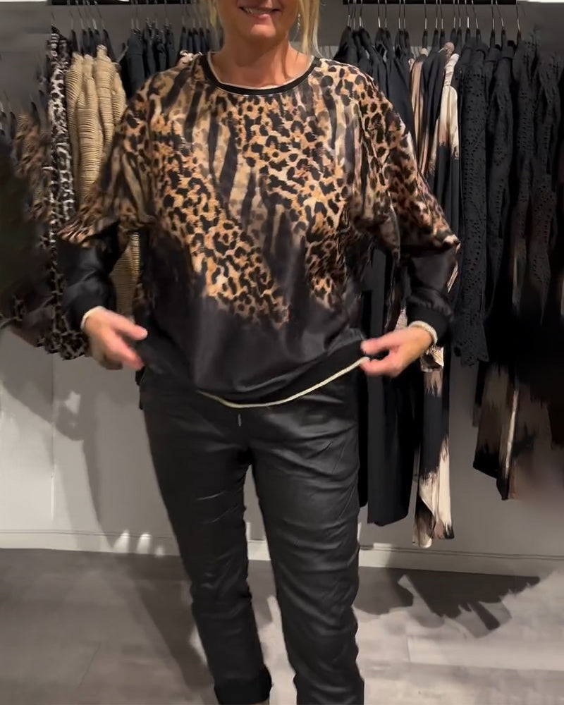 Lässige Bluse mit Leopardenmuster und Rundhalsausschnitt für Damen