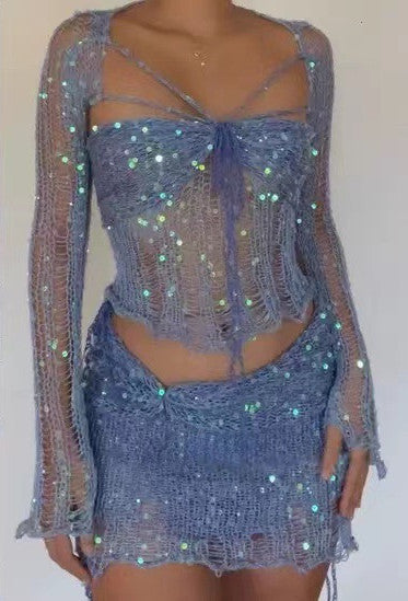 Extravagantes Damen-2-Teiler-Set mit Netzoptik für Festival & Clubwear