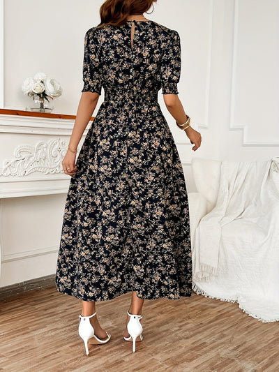 Blumenkleid Damen Elegantes Puffärmel Shirred Kleid Crew Neck