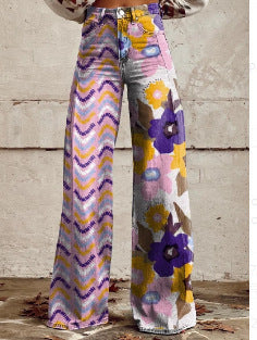 Damen Schlagjeans mit Boho-Grafikprint – Weites Bein, Trendige Streetstyle-Jeans für Freizeit und Alltag