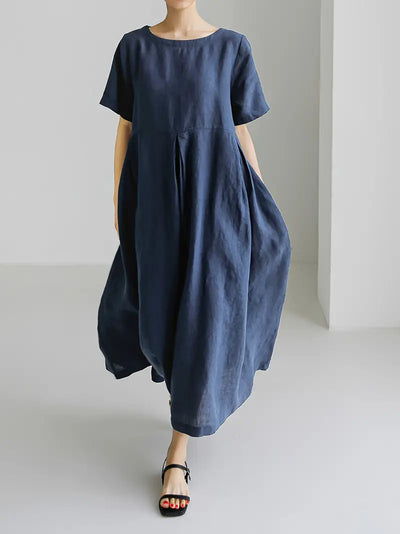 Leinen-Mix Midi-Kleid mit Taschen – Kurzarm Hochtailliert Sommermode