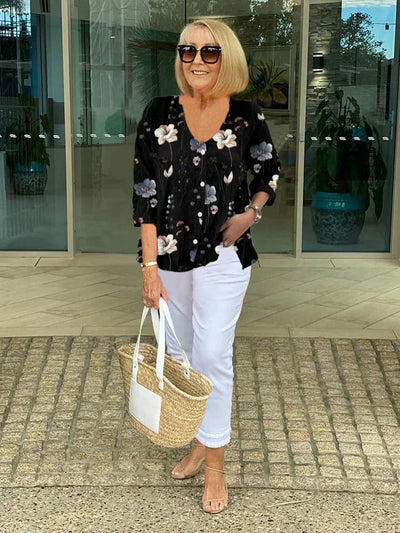 Barbara™ | Baumwolle und Leinen Blumenmuster Top