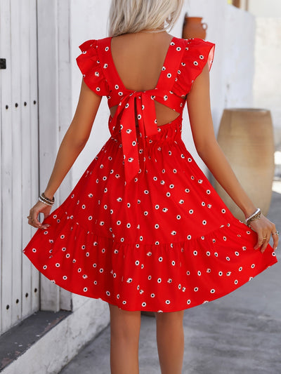 Elegantes A-Linien-Kleid – Blumenmuster, quadratischer Ausschnitt & Schleifendetail