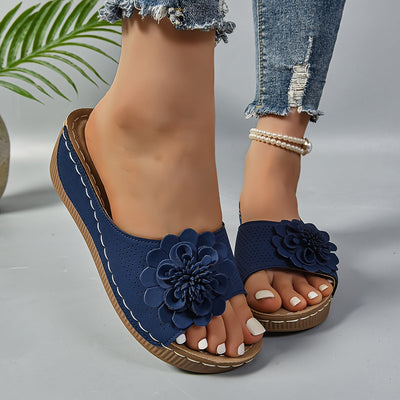 Keilabsatz Sandalen Bequeme Slip-On Schuhe mit Blumen-Deko