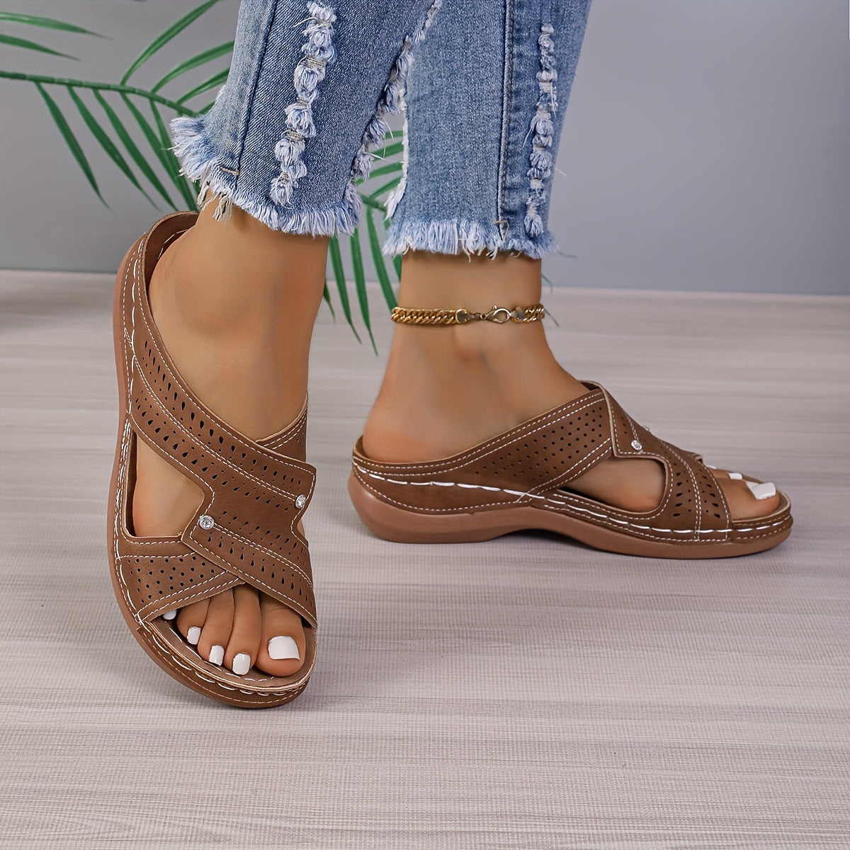 Vintage Sandalen Flache Slide Sandalen mit Strass Bequeme Sommerschuhe