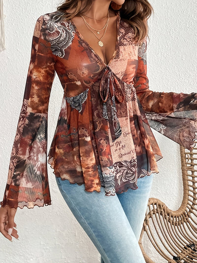 Elegantes Paisley-Kleid – V-Ausschnitt, Langarm & Leichtes Mesh