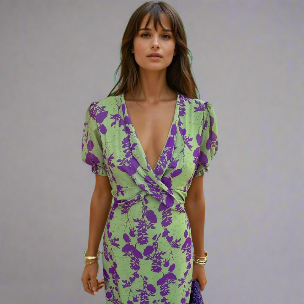 Zalherlind | Elegantes Wickelkleid in Grün und Lila