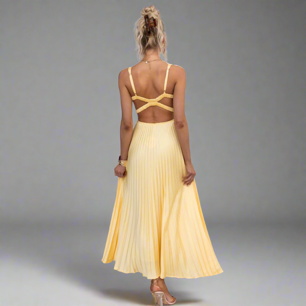 Leudgard | Premium Gelbes Faltendes V-Ausschnitt Maxikleid