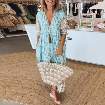 GIULIA | Gemustertes Midikleid mit V-Ausschnitt und Ballonärmeln Elegant