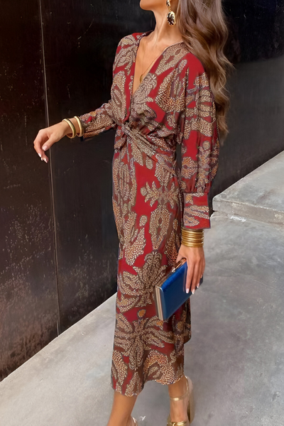 Elegantes Midikleid mit Twist-Detail und floralem Muster – Zeitlos und stilvoll