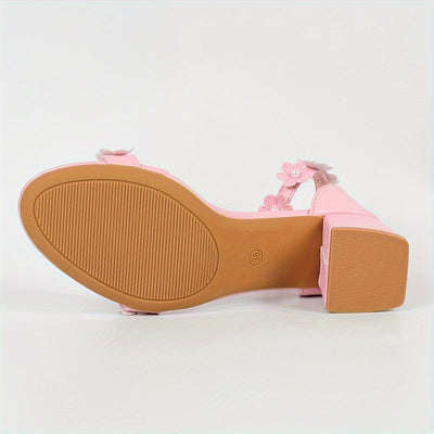 Sandalen mit Blumen Dekor Offene Zehen Knöchelriemchen klobige Mittlere Absätze
