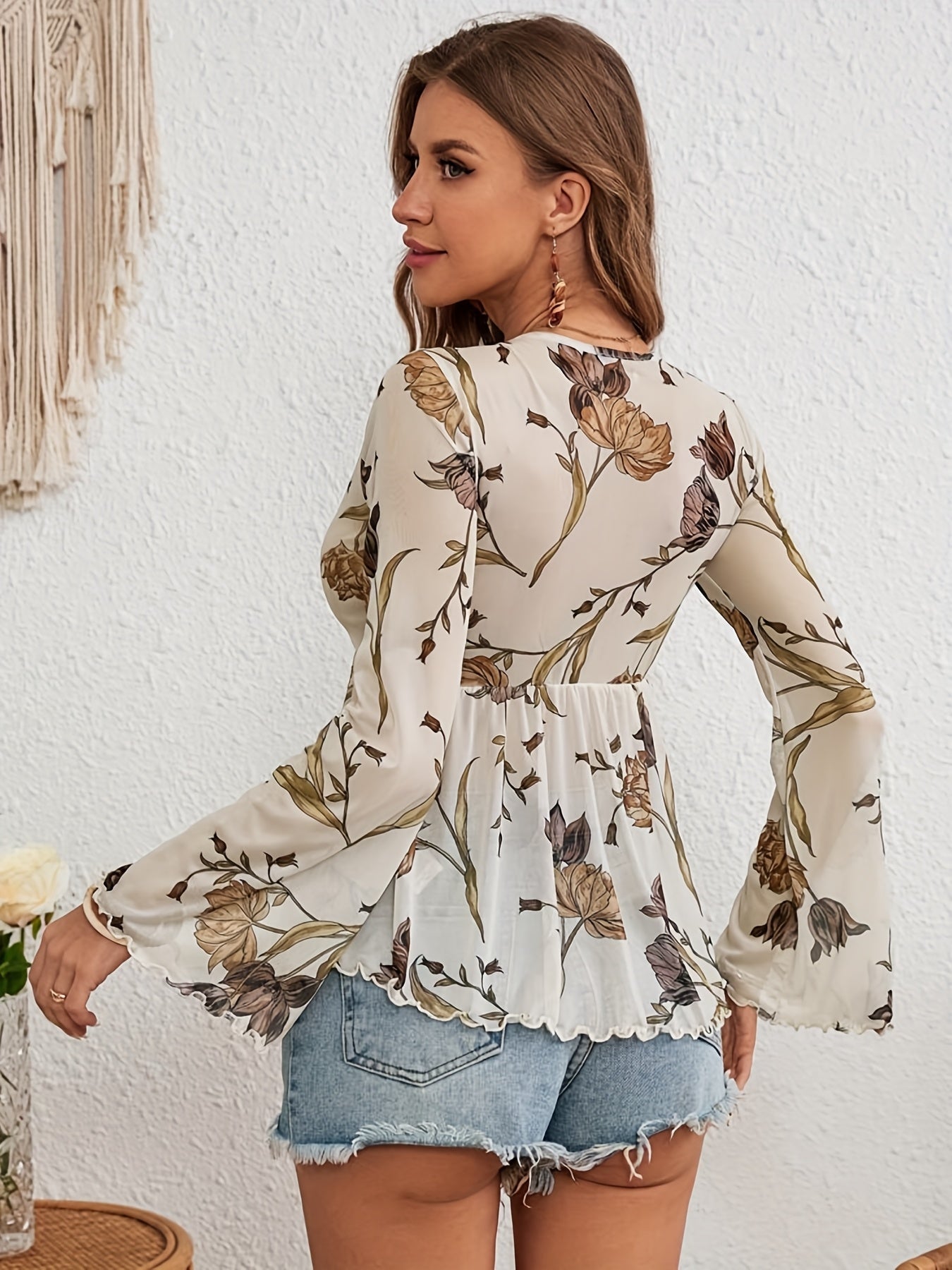 Elegantes Blumen-Mesh-Kleid – V-Ausschnitt, Langarm & Leicht für Frühling & Sommer