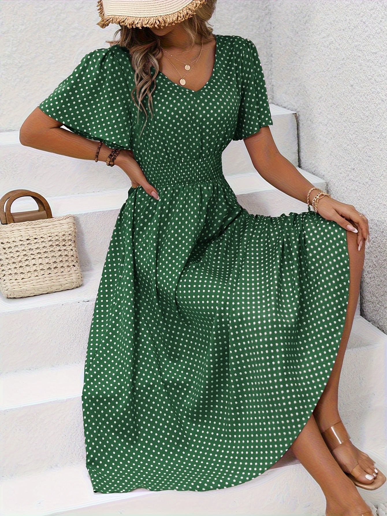Polka Dot Sommerkleid Damen – Luftiges V-Ausschnitt Midi-Kleid