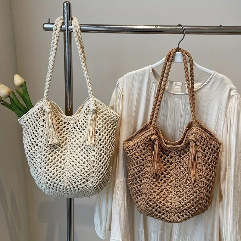 Handgefertigte Häkel-Tasche – Große Boho-Strandtasche mit Quaste