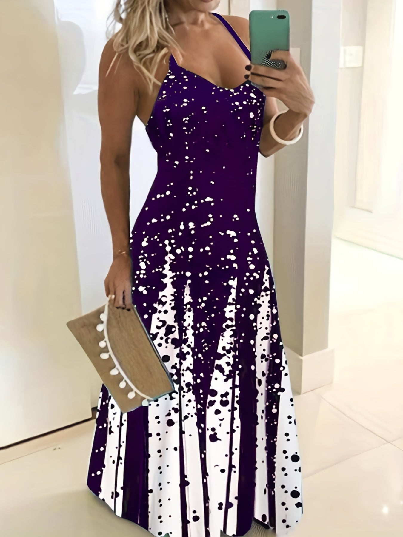 Farbblock Maxi Kleid – Ärmelloses V-Ausschnitt Sommerkleid