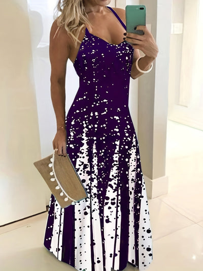 Farbblock Maxi Kleid – Ärmelloses V-Ausschnitt Sommerkleid