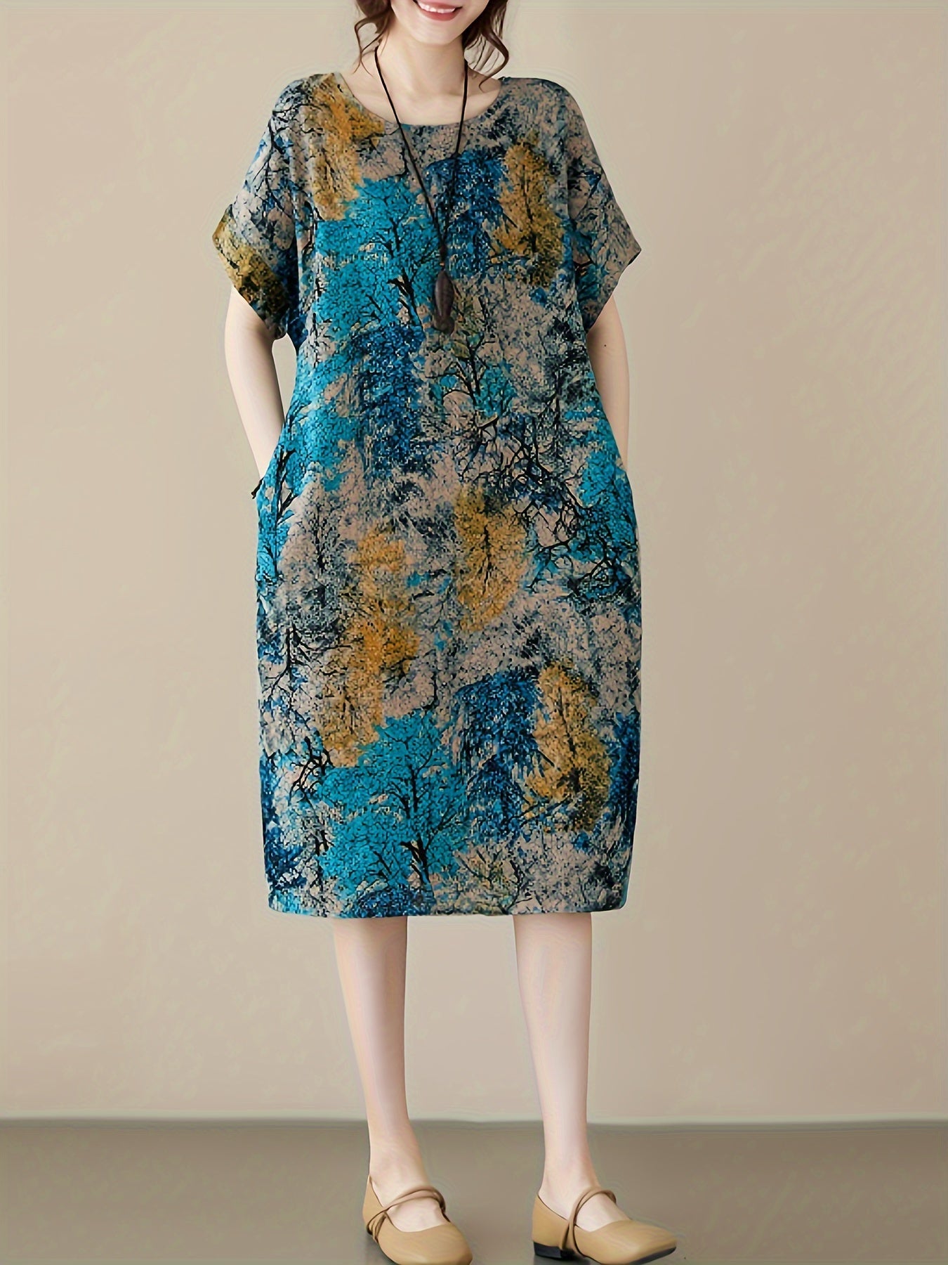 Lässiges Plus-Size Leinenkleid – Blumenkleid mit Rundhalsausschnitt & Taschen