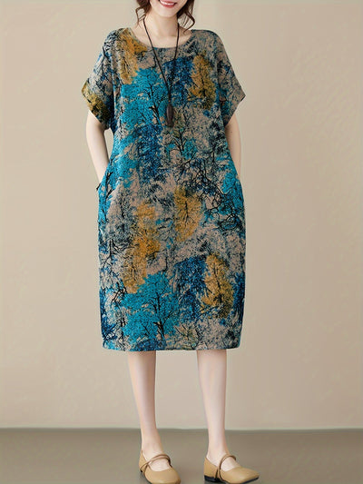 Lässiges Plus-Size Leinenkleid – Blumenkleid mit Rundhalsausschnitt & Taschen