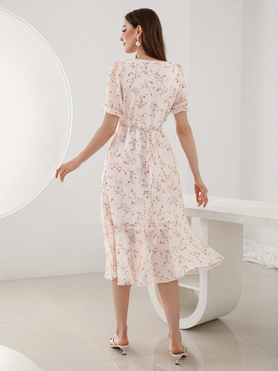 Elegantes Schößchenkleid mit Blumendruck – Kurzarm, V-Ausschnitt, Luftig & Bequem