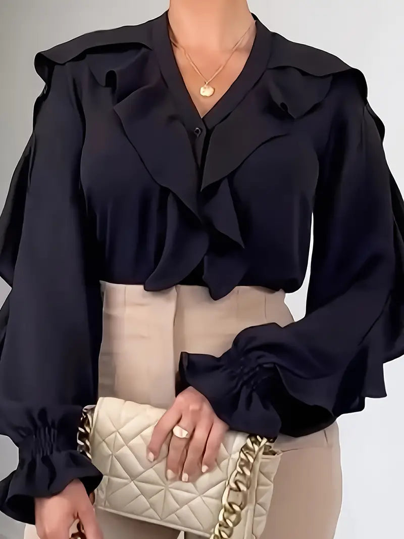 Elegante bluse mit rüschen am kragen und Ärmeln für damen