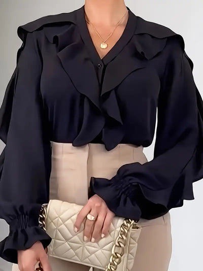 Elegante bluse mit rüschen am kragen und Ärmeln für damen