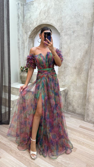 Carmel - Elegantes Maxikleid mit Gürtel und Rüschenärmeln