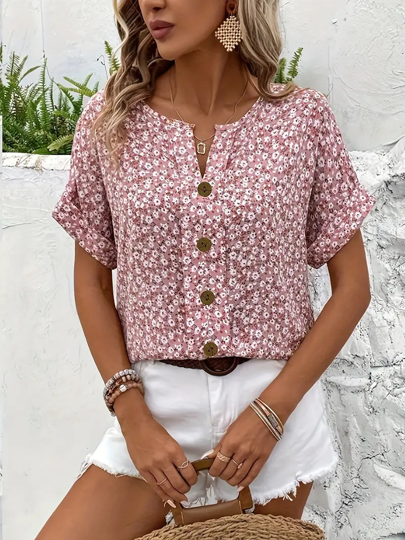 Cindy™ | Blumenmuster mit Schlitz-Ausschnitt Bluse