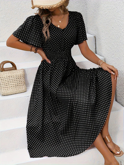 Polka Dot Sommerkleid Damen – Luftiges V-Ausschnitt Midi-Kleid