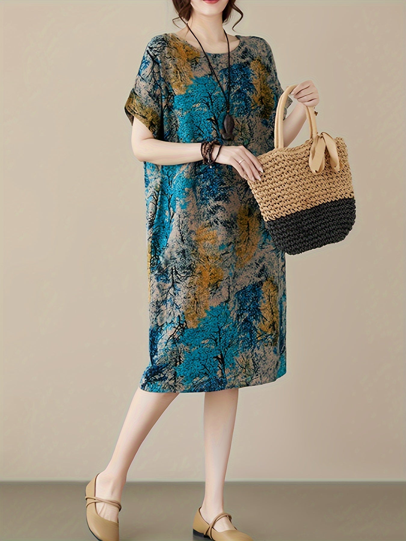 Lässiges Plus-Size Leinenkleid – Blumenkleid mit Rundhalsausschnitt & Taschen