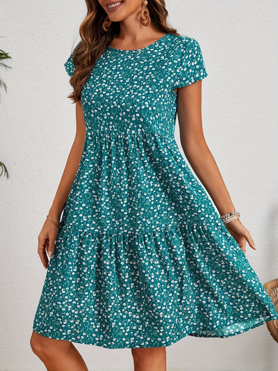 Leichtes Vintage-Kleid – Blumendruck, Kurzarm, Rundhalsausschnitt, feminines Sommerkleid