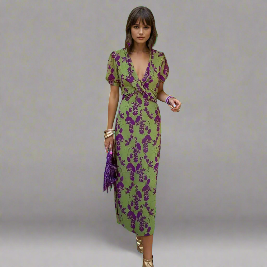 Zalherlind | Elegantes Wickelkleid in Grün und Lila