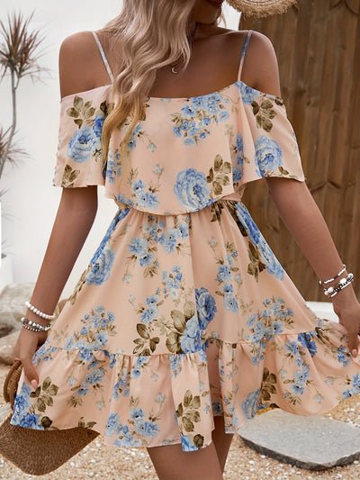 Elegantes Blumenprint Sommerkleid Schulterfrei Rüschen Rückenfrei